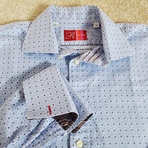 RUFUS Men's Shirt Geometric Design Contrasting French Cuffs Blue Size Large
